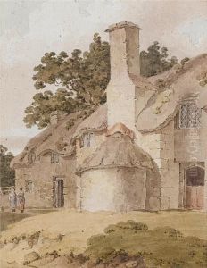 Figures Standing Outside A Cottage by John Varley