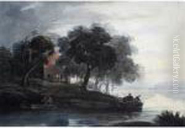 River Scene With Figures In Boats And Near A Cottage - view 1