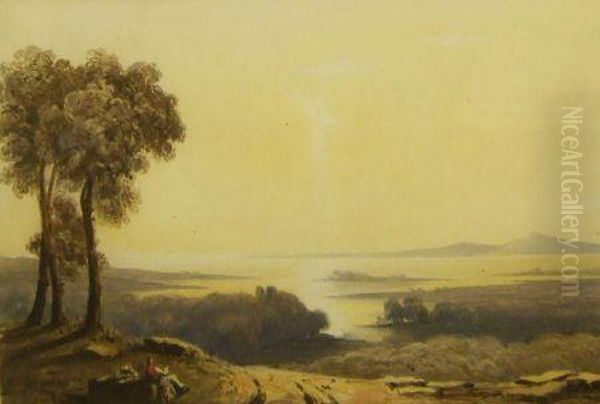 Figure Resting In Lakeland Landscape At Sunrise - view 1