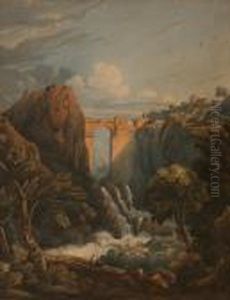 Mountainous Continental Landscape With Hilltop Town And Bridge Above A Waterfall by John Varley