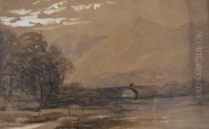 Figure Crossing A Bridge In A Mountain River Landscape