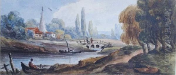 Figures By A Cottage On The Bank Of A River - view 1