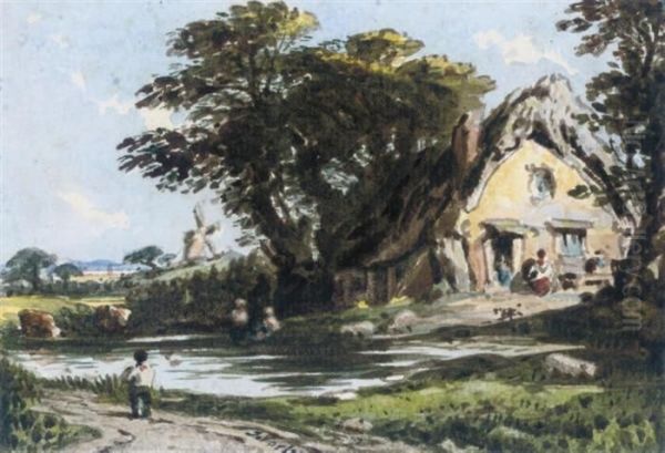 Figures By A Cottage With A River Running Past, A Windmill Beyond - view 1