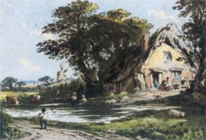 Figures By A Cottage With A River Running Past, A Windmill Beyond Figures By A Cottage With A River Running Past, A Windmill Beyond