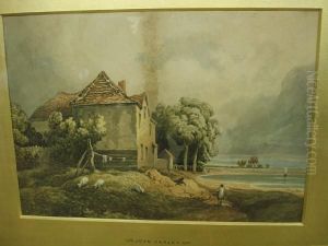 Cottage And Figures Beside A Pond, Signed Lower Right by John Varley
