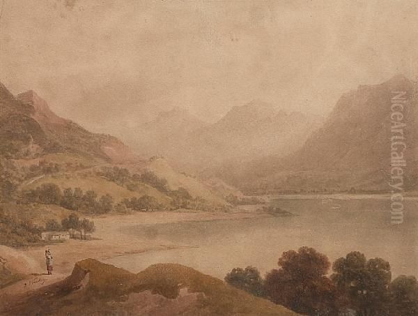 Mountainous Lake Scene With Figures In The Foreground - view 1