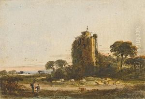 Figures And Sheep Before A Coastal Ruin by John Varley
