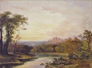 Watercolour River Landscape With A Castle Beyond
