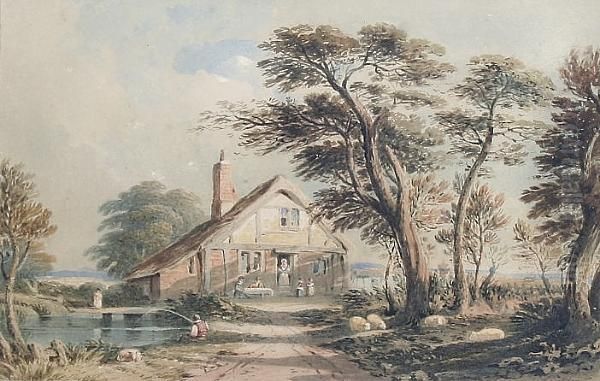 Cottage By A Pond With Angler And Figures Before - view 1