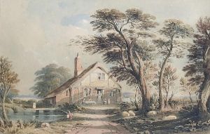 Cottage By A Pond With Angler And Figures Before Cottage By A Pond With Angler And Figures Before