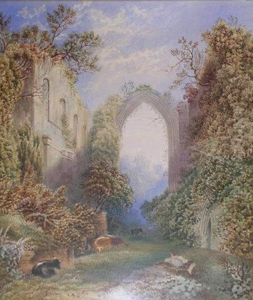 A Figure With Cattle Before A Ruined Abbey - view 1