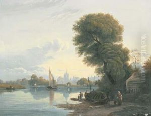 Figures On The Bank Of The River Thames by John Varley