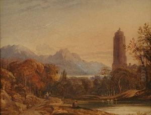 Landscape With Tower And Figures by John Varley