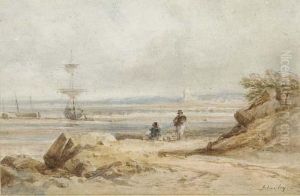 A Coastal Scene With Fisherfolk And Beached Vessels Beyond by John Varley