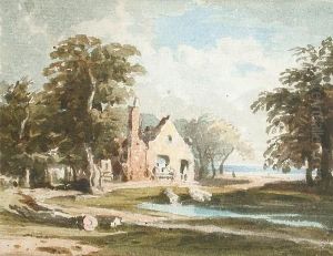 View Of A Country House By A Lake by John Varley