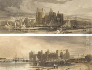 Two Views Of Caernarvon Castle, North Wales by John Varley