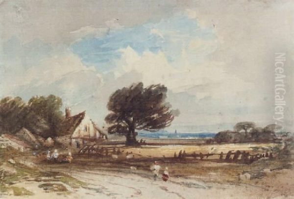 Figures On A Country Road With Cottages Beyond - view 1