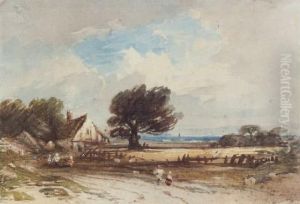 Figures On A Country Road With Cottages Beyond by John Varley