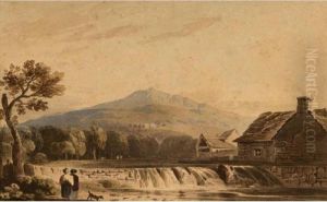 Figures By A Waterfall With Mount Snowdon Beyond