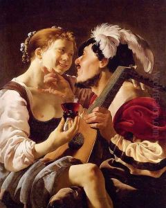 A Luteplayer Carousing With A Young Woman Holding A Roemer by Hendrick Terbrugghen
