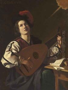 A musician, identified as Saint Genesius, playing a lute by Nicolas Tournier
