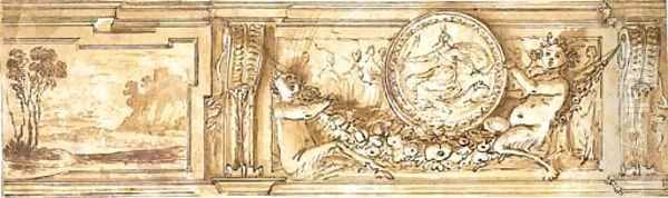 A study for a frieze decorated with a landscape and young satyrs holding a garland and supporting a medallion depicting Diana - view 1