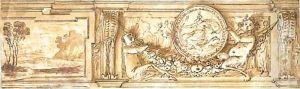 A study for a frieze decorated with a landscape and young satyrs holding a garland and supporting a medallion depicting Diana by Agostino Tassi