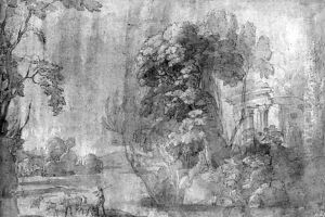 A classical Landscape with the Temple of Vesta, and a shepherd with his herd by Agostino Tassi
