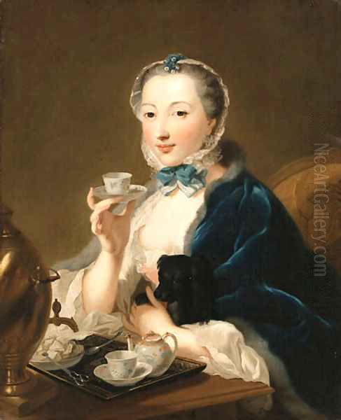 Portrait of the artist's wife, Marie Sophie Robert, half length, with a dog and holding a tea cup - view 1