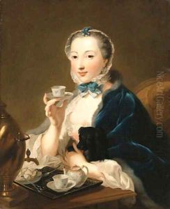 Portrait of the artist's wife, Marie Sophie Robert, half length, with a dog and holding a tea cup by Johann Heinrich The Elder Tischbein