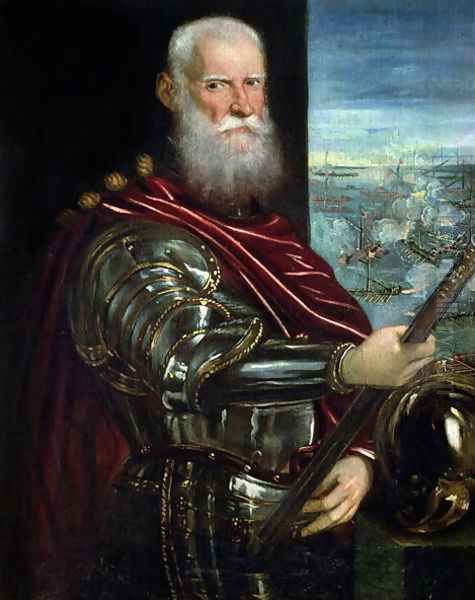 Portrait of Sebastiano Vernier d.1578 Commander-in-Chief of the Venetian forces in the war against the Ottoman Empire with the battle of Lepanto in the background, c.1571 - view 1