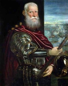 Portrait of Sebastiano Vernier d.1578 Commander-in-Chief of the Venetian forces in the war against the Ottoman Empire with the battle of Lepanto in the background, c.1571
