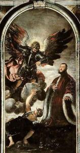 Archangel Michael vanqishing Lucifer in the presence of a Venetian senator
