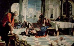 Christ Washing the Feet of the Disciples, detail of the left hand side, c.1547 by Jacopo Tintoretto (Robusti)
