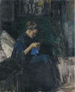 Woman Knitting by Janos Vaszary