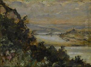 Landschaftstudie Mit Fluss Und Einer Stadt Am Horizont Landschaftstudie Mit Fluss Und Einer Stadt Am Horizont