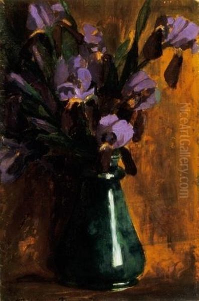 Irises In Green Glass Vase - view 1