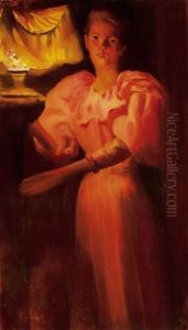 Young Girl By A Lamp by Janos Vaszary