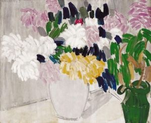 Still-life With A Green Pitcher (chrysanthemums) by Janos Vaszary