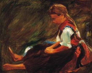 Girl In White Blouse In The Field by Janos Vaszary