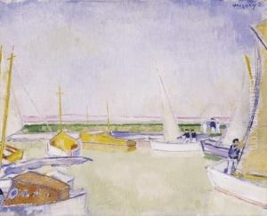 Sailing Boats By The Lake Balaton by Janos Vaszary