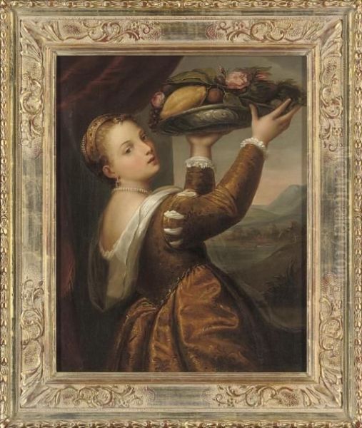 Portrait Of The Artist's 
Daughter, Lavinia, Half-length, Holding A Bowl Of Fruit And Flowers, In 
An Interior, A Landscape Beyond - view 1
