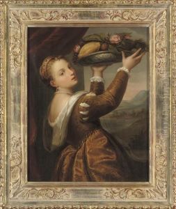 Portrait Of The Artist's
Daughter, Lavinia, Half-length, Holding A Bowl Of Fruit And Flowers, In
An Interior, A Landscape Beyond by Tiziano Vecellio (Titian)