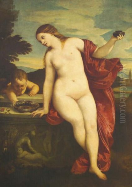 Venus And Cupid, Venus Standing
On An Ornately Carved Balcony, Cupid Nearby And An Extensive Landscape
Beyond Oil On Canvas, 118cm By 85cm *contained Within Its Original
Elaborately Decorated 19th Century Gilt Plaster Frame See Illustration - view 1