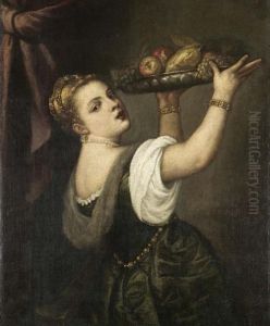 Brustbild Einer Jungen Frau, Welche Eine Fruchteschale Halt. by Tiziano Vecellio (Titian)