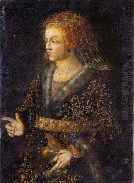 Portrait Of A Lady,
Three-quarter Length, Wearing An Elaborately Embroidered Fur-lined Dress
And With A Bird Perched On Her Finger - view 1