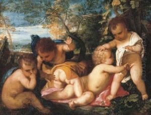 Putti Cavorting In A Landscape by Tiziano Vecellio (Titian)