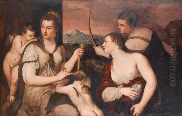 After Tiziano Vecellio, Called Titian, 17th Century Venus Blindfolding Cupid - view 1