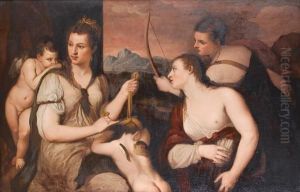After Tiziano Vecellio, Called Titian, 17th Century Venus Blindfolding Cupid by Tiziano Vecellio (Titian)