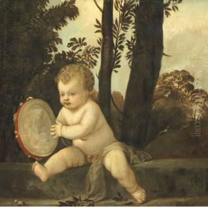 A Putto Playing The Tambourine In A Wooded Landscape